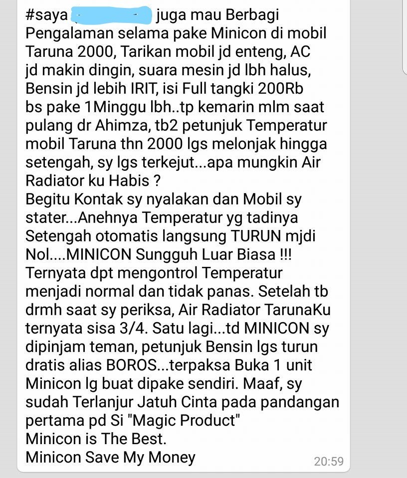 Screenshot testimoni pengguna MINICON, mobil Taruna tahun 2000