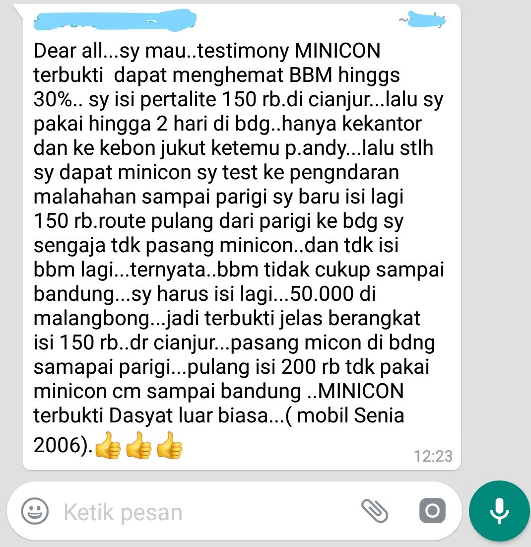 Screenshot testimoni pengguna MINICON, mobil Xenia tahun 2006