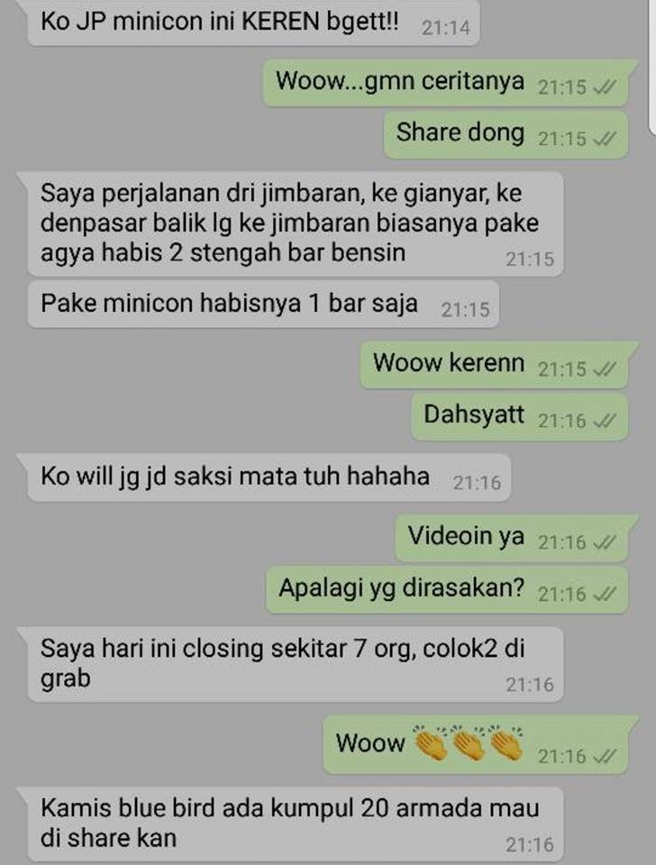 Screenshot testimoni pengguna MINICON, perjalanan Jimbaran, Gianyar, Denpasar