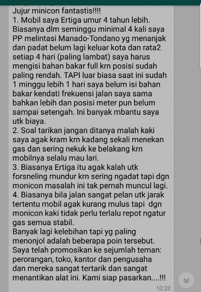 Screenshot testimoni pengguna MINICON, Ertiga rute Manado dan Tondano